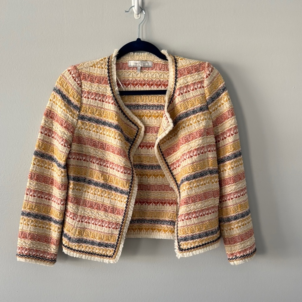 Zara Women's Tweed Open Front Stripped Cardigan Spring Dainty Feminine Size M
